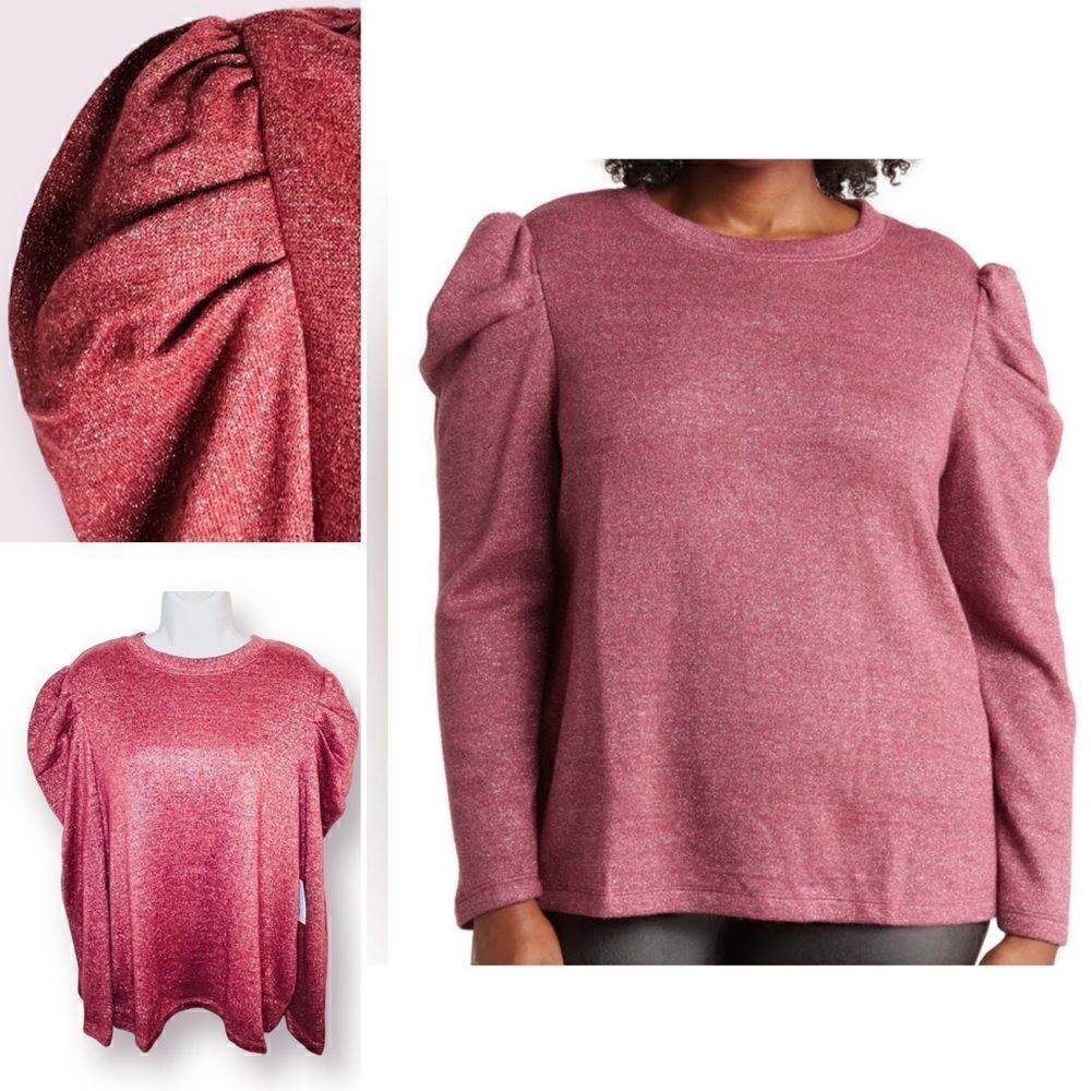 CeCe Puff Sleeve Knit Sweater Top Metallic Napa Wine Pink Plus 1X